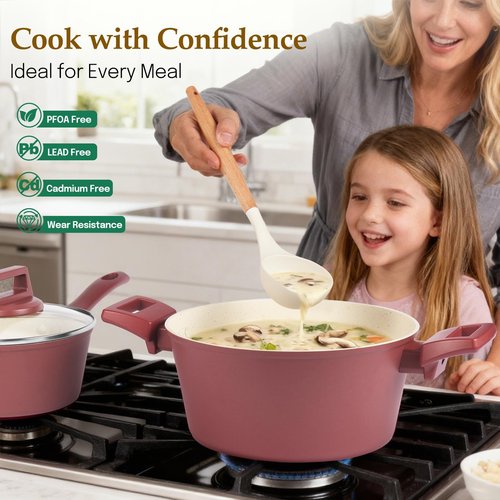 M MELENTA Pots and Pans Set Non Stick, 11-Piece Nonstick Induction Cookware Set, Non-Toxic Kitchen Cooking Set with Frying Pans, Saucepan, Stock Pot, PFOA Free, Red Brown
