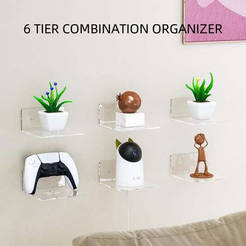 LUOBAO Acrylic Wall Shelves,Clear 6 inch Floating Shelves for Display,Echo,Cameras,Speaker,Router Wall Mounted Transparent Small Invisible Shelves with Adhesive Bedroom Bathroom Living Room