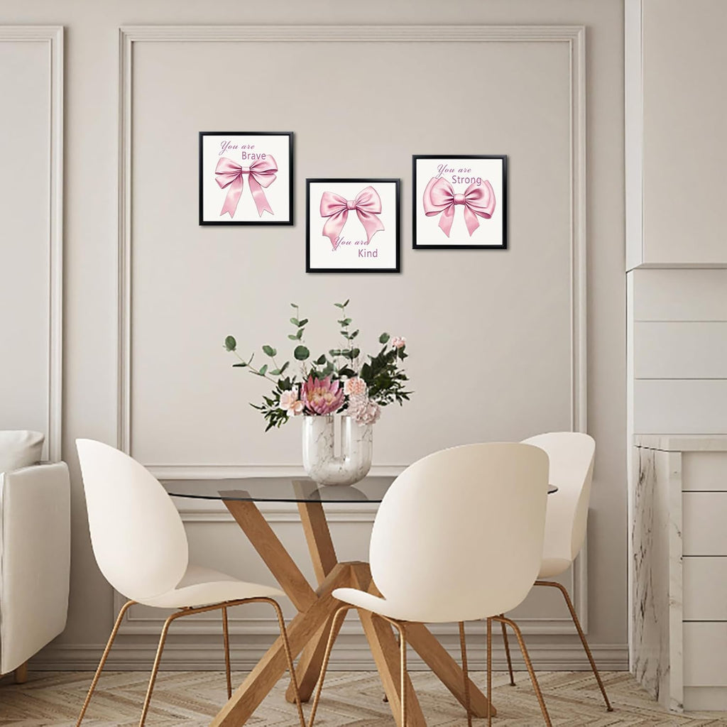WELMECO Bow Wall Decor - Inspirational Framed Art Set for Girls | 3-Piece 12x12" Prints in Black Frame (Pink)