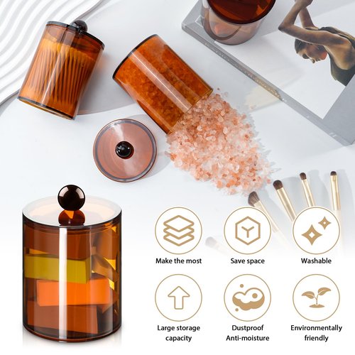 4 Pack Qtip Holder,Canister Apothecary Jar Set, Bathroom Jars with Lids Set for Cotton Swabs, Balls, Pads, Floss Picks,10oz-12oz Plastic Canisters Restroom Bedroom Vanity Organizer(Brown)