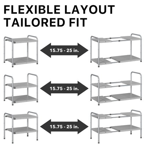Simple Houseware Under Sink 2-Tier Heavy Duty Expandable Rack Organizer, Adjustable Width 15.75–25 Inches with 4 Shelf Height Levels, Silver