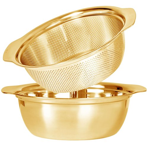 304 Stainless Steel Microporous Colander with Handle, Rice Washers Microporous Strainer Set For washing vegetables, fruits and rice, and draining cooked pasta(5QT with handle-Gold)