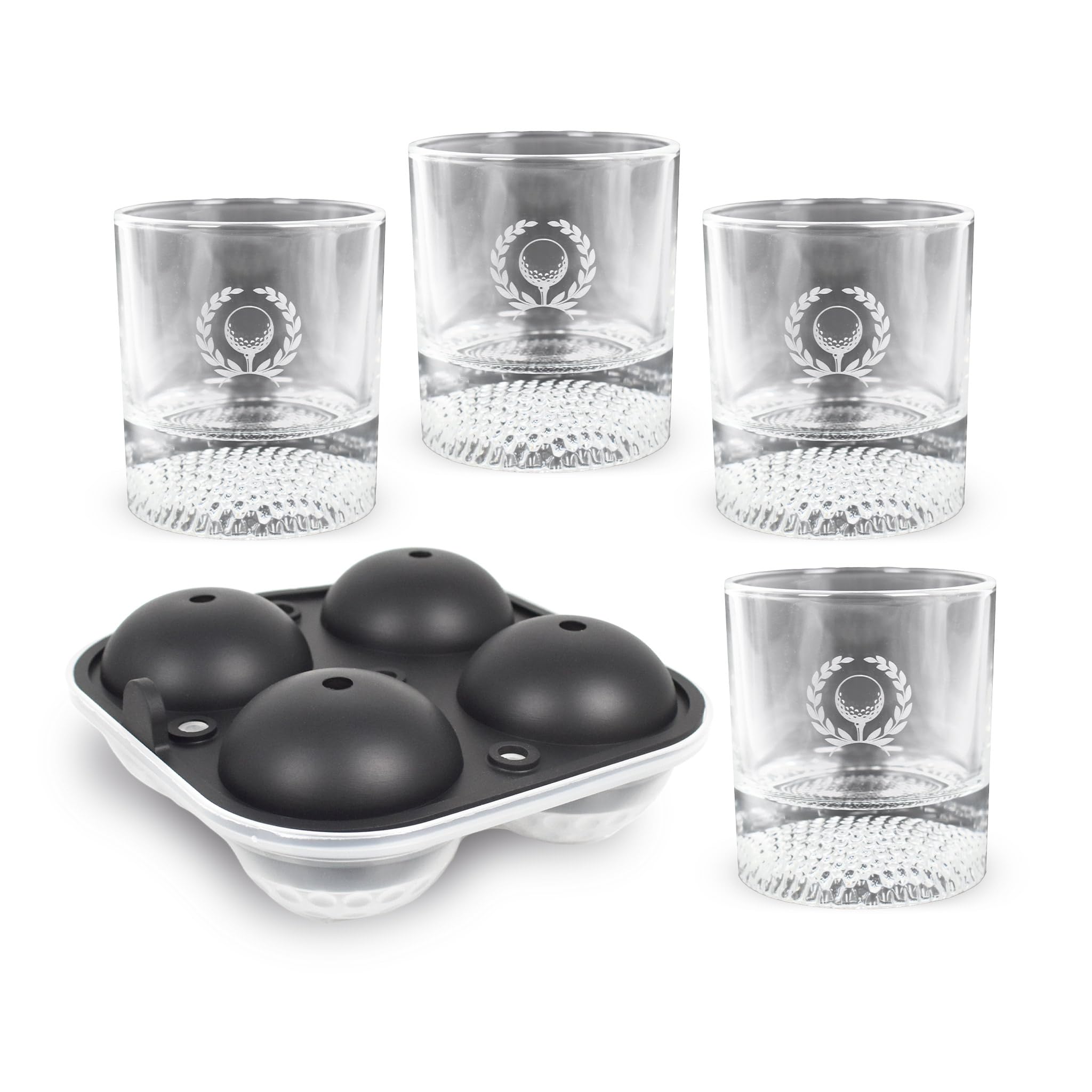 Izzo Golf Whiskey Glass Golf Ball Ice Set - Enjoy a Glass of Whiskey or Bourbon in a Rocks Glass with a Golf Ball Molded ice Cube, Golf Ball ice Cube Mold Included