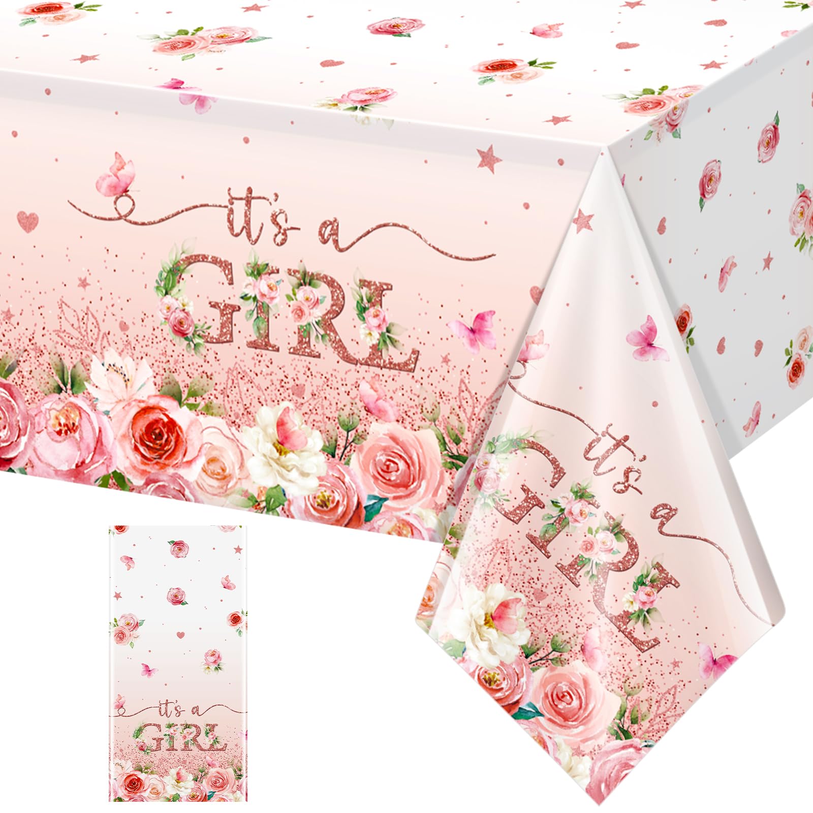 1 Pack Floral Baby Shower Tablecloth Decorations, It's a Girl Baby Shower Decorations, Pink Flower Gender Reveal Decorations for Girl, Plastic Disposable Baby Girls Table Cloth Party Decorations