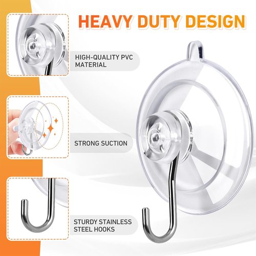 KORCCI Suction Cup Hooks - 12-Pack Clear Medium 1.77-Inch, 10LB Max Load, Reusable & Removable for Tile, Glass, Shower & Kitchen