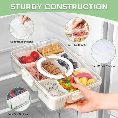 Yipaga 2 Pack Divided Serving Tray with Lid and Handle, 12 Compartments Snackle Box Container for Portable Snack Platters Large Clear Organizer for Picnic Snacks to Go Dishwasher Safe