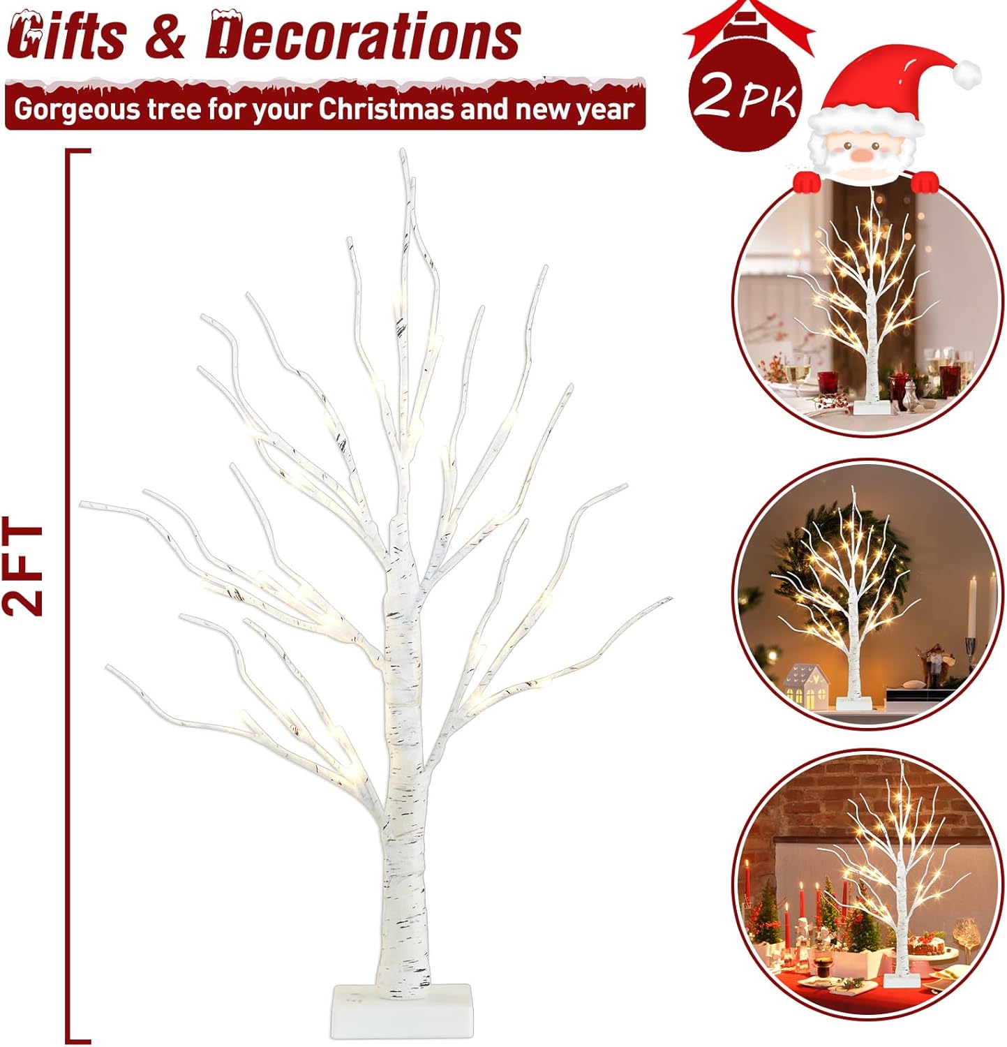 PEIDUO 2FT Birch Tree Easter Decorations - LED Light Up Tree Lamp with Timer & Warm White Glow | Indoor Table Decor (2PK)