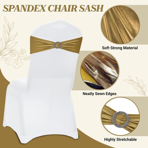 MDS Spandex Foil Chair Sashes - Universal Elastic Stretch Ties with Buckle for Weddings | Metallic Gold - Pack of 50