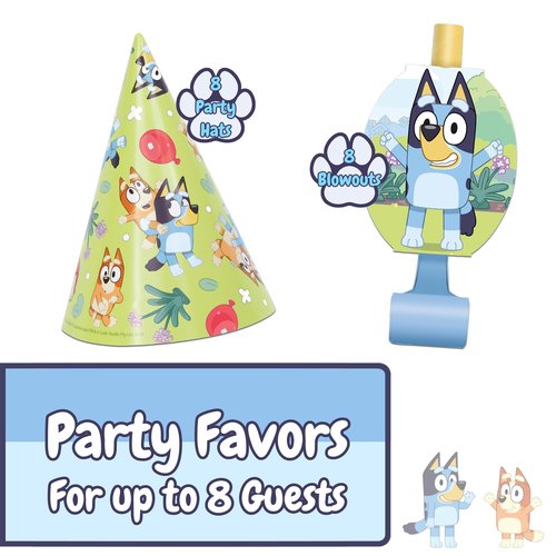Unique Bluey Party Hats and Blowouts 8 Hats & 8 Party Blowouts with Celebrate With Me Sticker | Bluey Birthday Party Supplies for Kids