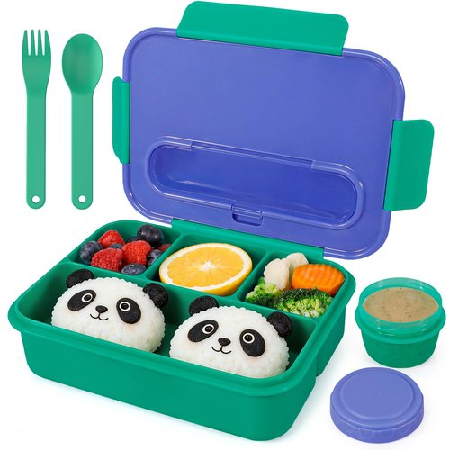 Caperci Bento Box for Kids - 50oz Larger Lunch Box Containers for Kids, Reinforced Leakproof, Built-in Sauce Cup, Utensils, 4 Compartments, BPA-Free Microwave & Dishwasher Safe (Navy/Green)
