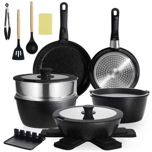 BECIGAR 21PCS ceramic cookware set,Nonstick ceramic pan, Removable Handle pots and pans set, Stackable Pan Set, Nonstick Pots and Pans Set Non Stick(Black)