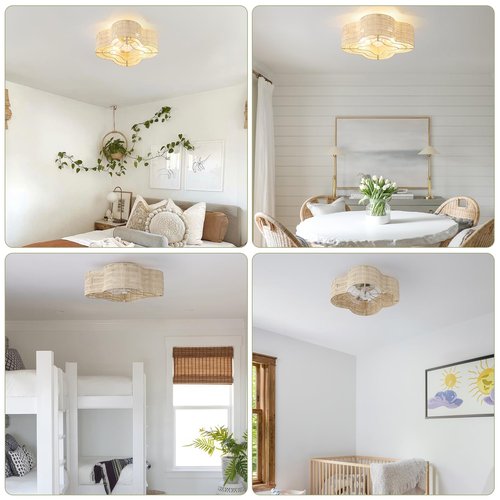 Gryalcy 20" Boho Ceiling Fan with Light, Rattan Flush Mount Ceiling Fan with Light Remote Control, Caged Enclosed with 6 Speeds for Bedroom, Living Room, Foyer, Nursery (Yellow)