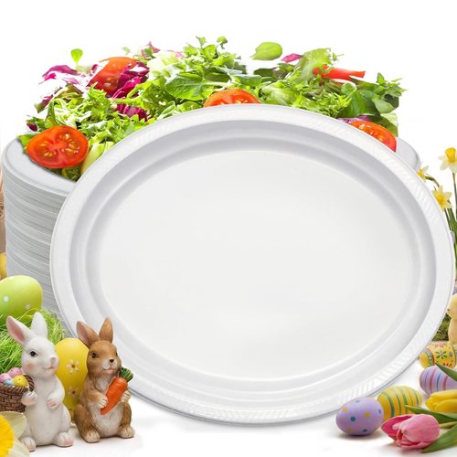 BONSINY 50 Count Disposable Plates - White Plastic Plates for Birthday Picnic BBQ Easter Spring Day (10" x 12")