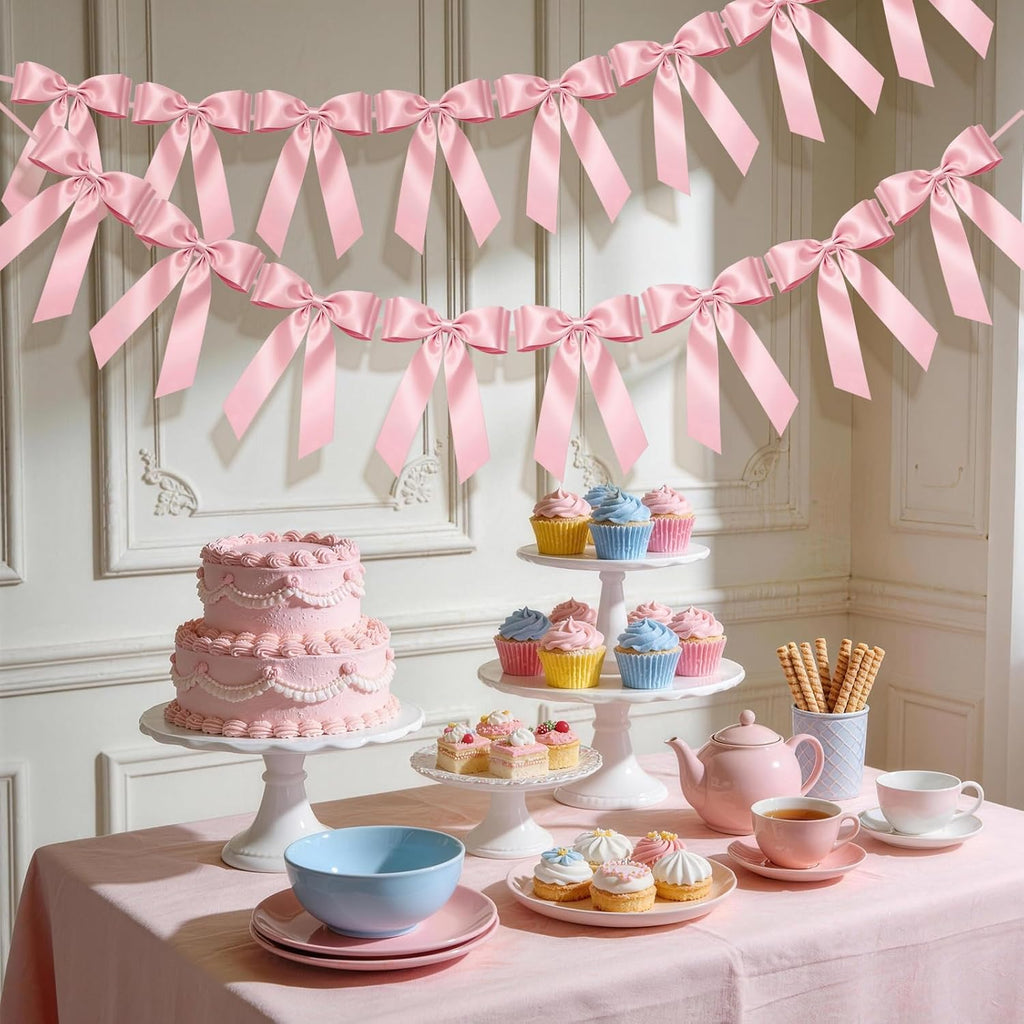 Skiennix Pink Bow Garland Banner - 8 Pre-Strung Double-Layer Satin Ribbon Bows | Valentine's Day Decor & Party Accent