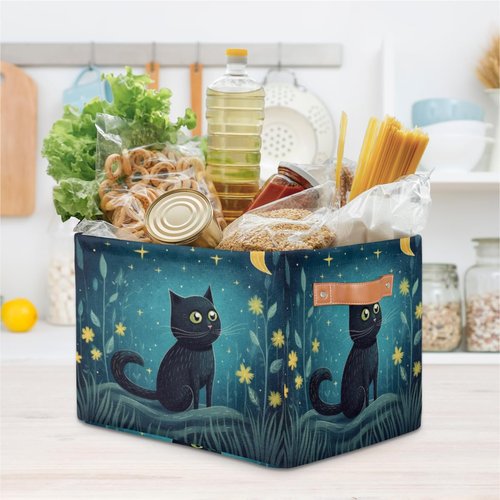 OMFUNS Cute Cat Storage Basket, Star Flower Foldable Storage Bin with Handle Fabric Rectangular Storage Box Organizer for Closet Shelf Home Office Nursery Toy Basket, 1 Pack