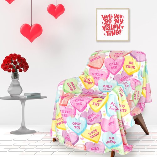 JarThenaAMCS Valentine's Day Fuzzy Blanket Conversation Candy Heart Throw Blanket Colorful Cozy Flannel Blanket for Home Bed Sofa Couch Chair, 50 x 60 Inch