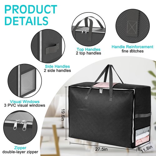 6Pack 105L Extra Large Blanket Comforter Storage Bags, Foldable Storage Bags for King Comforter Bedding Pillow Sheet Clothes with Handles Zippers Clear Window Closet Organizers and Storages, Black