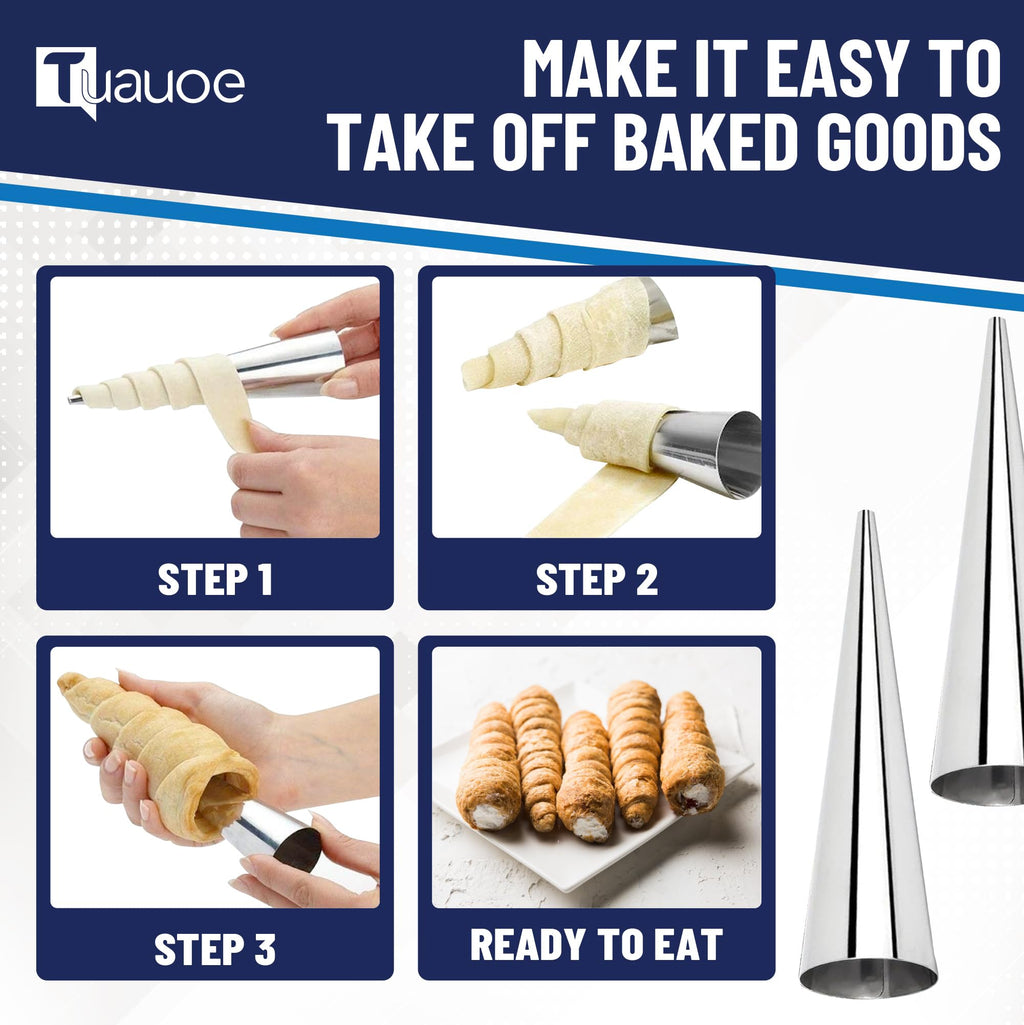Tuauoe Cream Horn Molds for Baking, 23pcs Horn Forms Set, Non-stick Stainless Steel 15pcs Cone Shaped with Cleaning Brush, Piping Tip, Piping Bag, for ice Cream Cones, Puff Pastry, Baking Cones