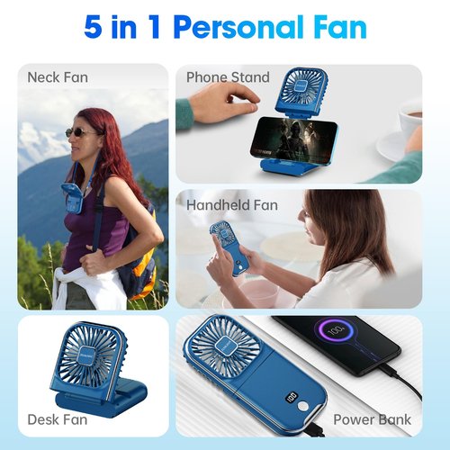 ZEXALIGHT USB Rechargeable Upgraded 5-in-1 Portable Handheld Fan, Necklace Fan, Mini Desk Fan, Foldable Phone Stand, 4 Speeds Airflow, Quiet Personal Fans with LED Digital Screen (Blue)
