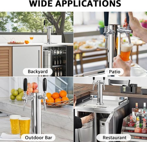 Upgraded Adjustable Beer Tap Tower 3" Dual Tap Kegerator Tower Beer Tower Dispenser, Flow Control Self-Closing Beer Faucet with Pre-Assembled Keg Lines Kegerator Parts Kits