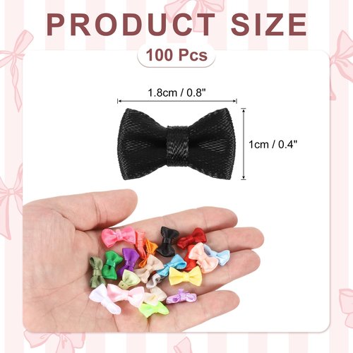 MECCANIXITY 100 Pcs Mini Ribbon Bow 0.8" Mini Fabric Satin Ribbon Flower Bows for Craft DIY Sewing Wedding Birthday Party, Black