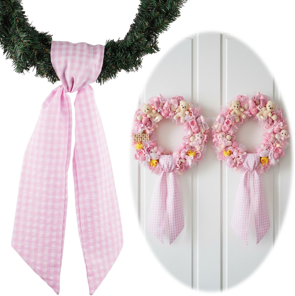 Pink White Checkered Plaid Bow Ribbon Bundle - Wreath Sash for Front Door Decor | 2 Pack (5.12" x 54.33")