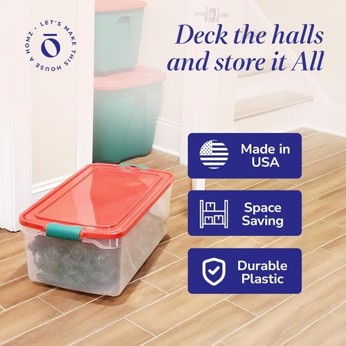 HOMZ 6-Pack Holiday Tote | Clear/Red Plastic Storage Bins with Lids - 64 Quart Stackable Organizers for Home, Garage, Office