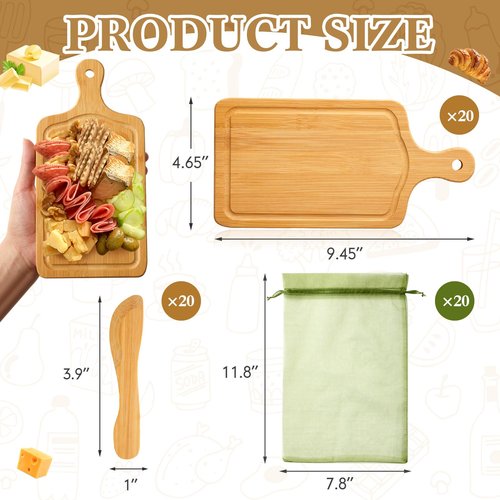 Nuenen 20 Pcs Mini Wooden Charcuterie Board Bulk, Small Wood Cutting Board for Crafts Laser Engraving with Knives Organza Bags Wedding Baby Shower Favors Gift (Square,Bamboo Color)