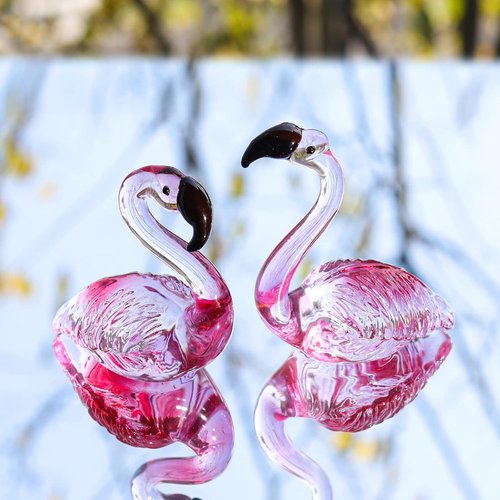 LONGWIN Handmade Art Glass Flamingo Figurines - Hand Blown Collectible Sculptures for Home & Wedding Decor | Set of 2