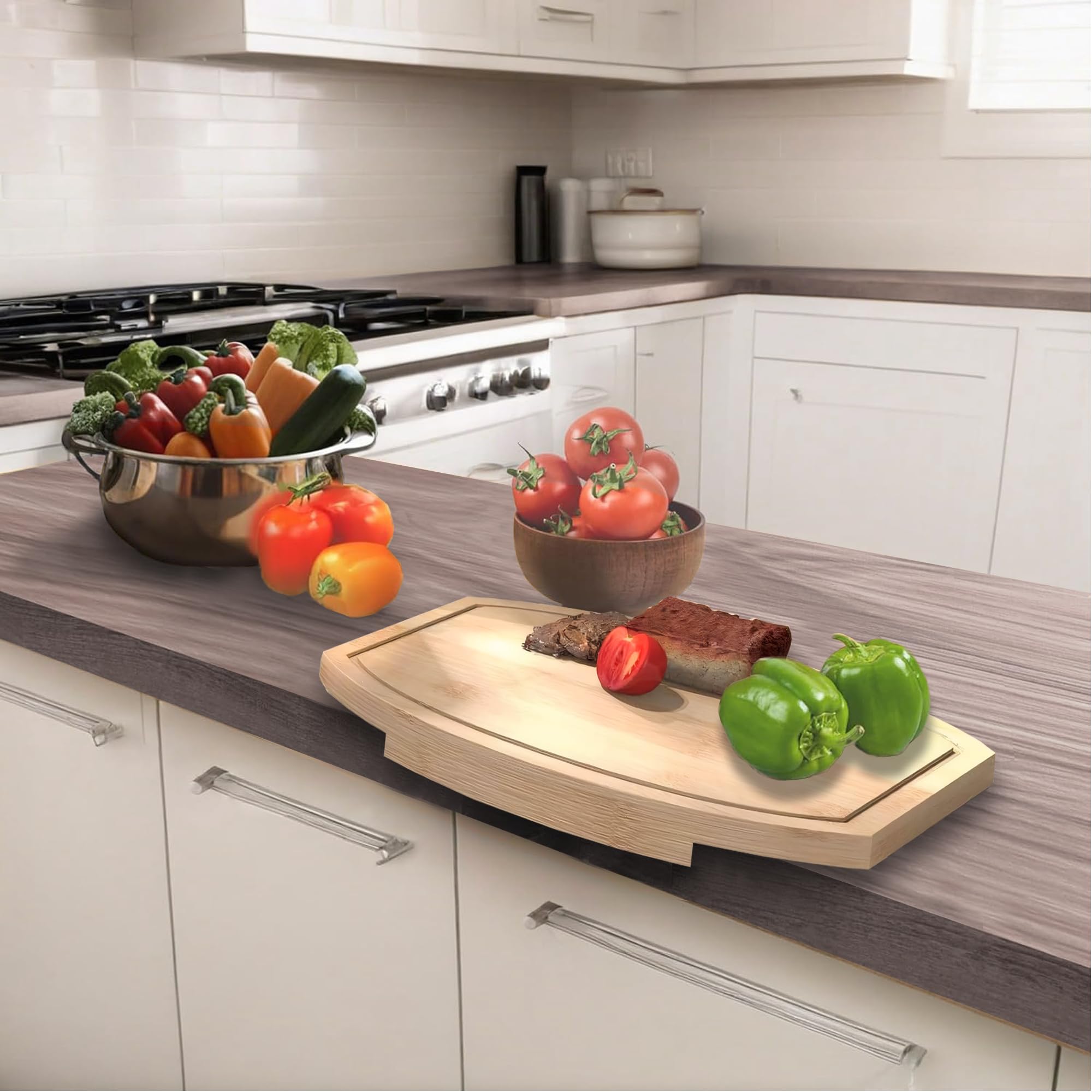 ZYWEICH Kitchen counter Bamboo Wood Corner Cutting Board, Space Saving Countertop Chopping Board with Juice Groove
