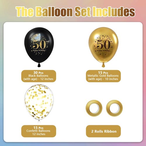 50th Happy Birthday Balloons Black and Gold, 60Pcs Pack 12inch Vintage Tasteful Latex Balloon Birthday Party Deocorations Supplies for 50 Year Old Him Her Men Women