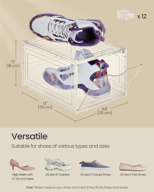 SONGMICS Shoe Boxes, Set of 12, Clear Plastic Shoe Storage, Stackable Sneaker Box, Drop Front Door, Up to US Size 11, Easy Assembly, 13 x 9.8 x 7.1 Inches, Transparent White ULSP032W12