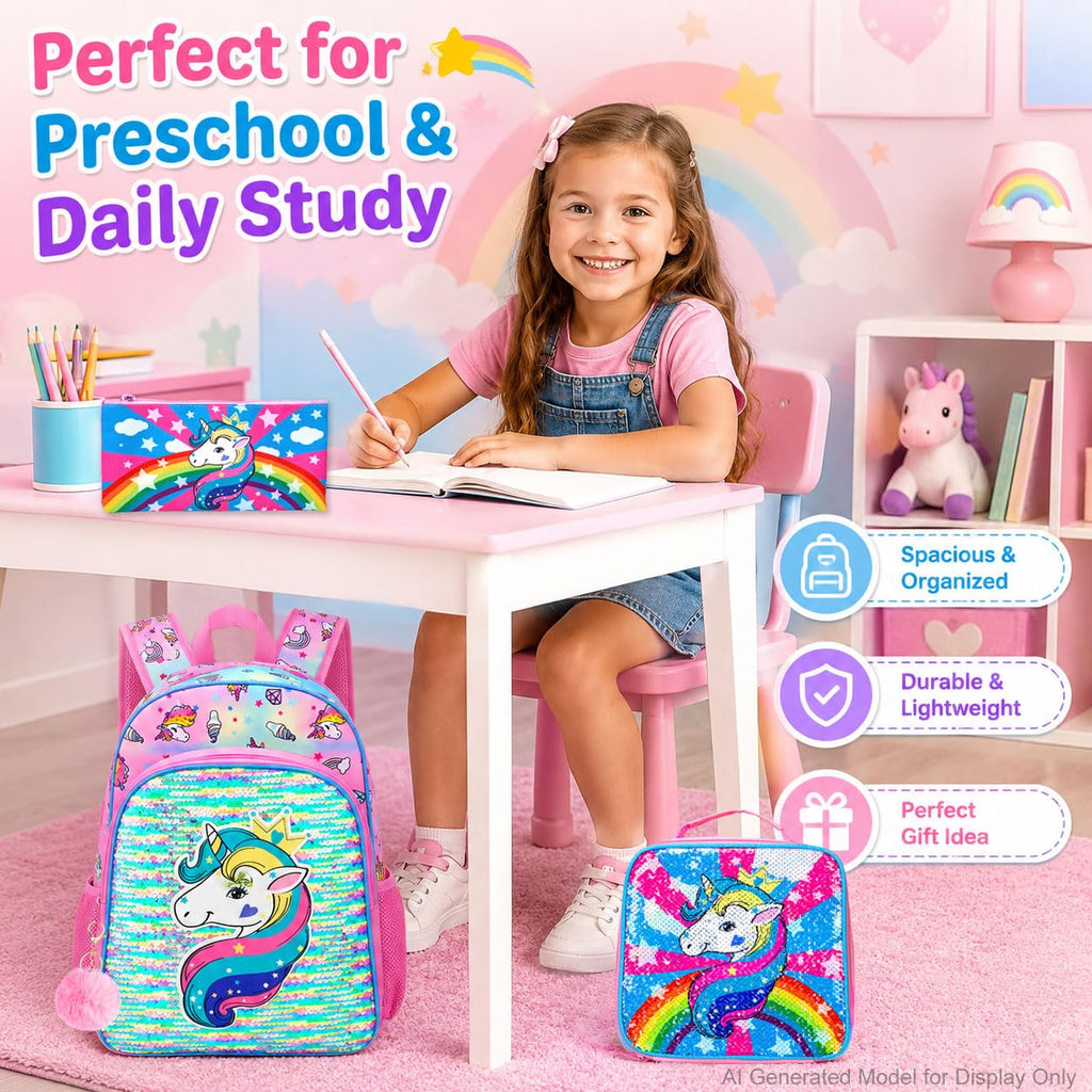 AGSDON 3PCS Unicorn Backpack for Girls, 16" Little Kids Sequin Preschool School Bookbag and Lunch Box