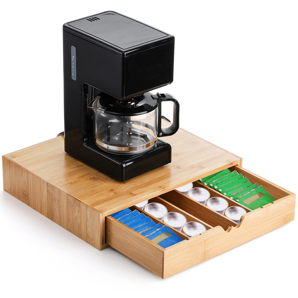 Peohud Bamboo Tea Bag Organizer, Tea Bag Storage Box for Countertop with Removable Divider Drawer, Functional Coffee Pod Holder for Kitchen, Office, Coffee Station, Tableware, Cosmetics