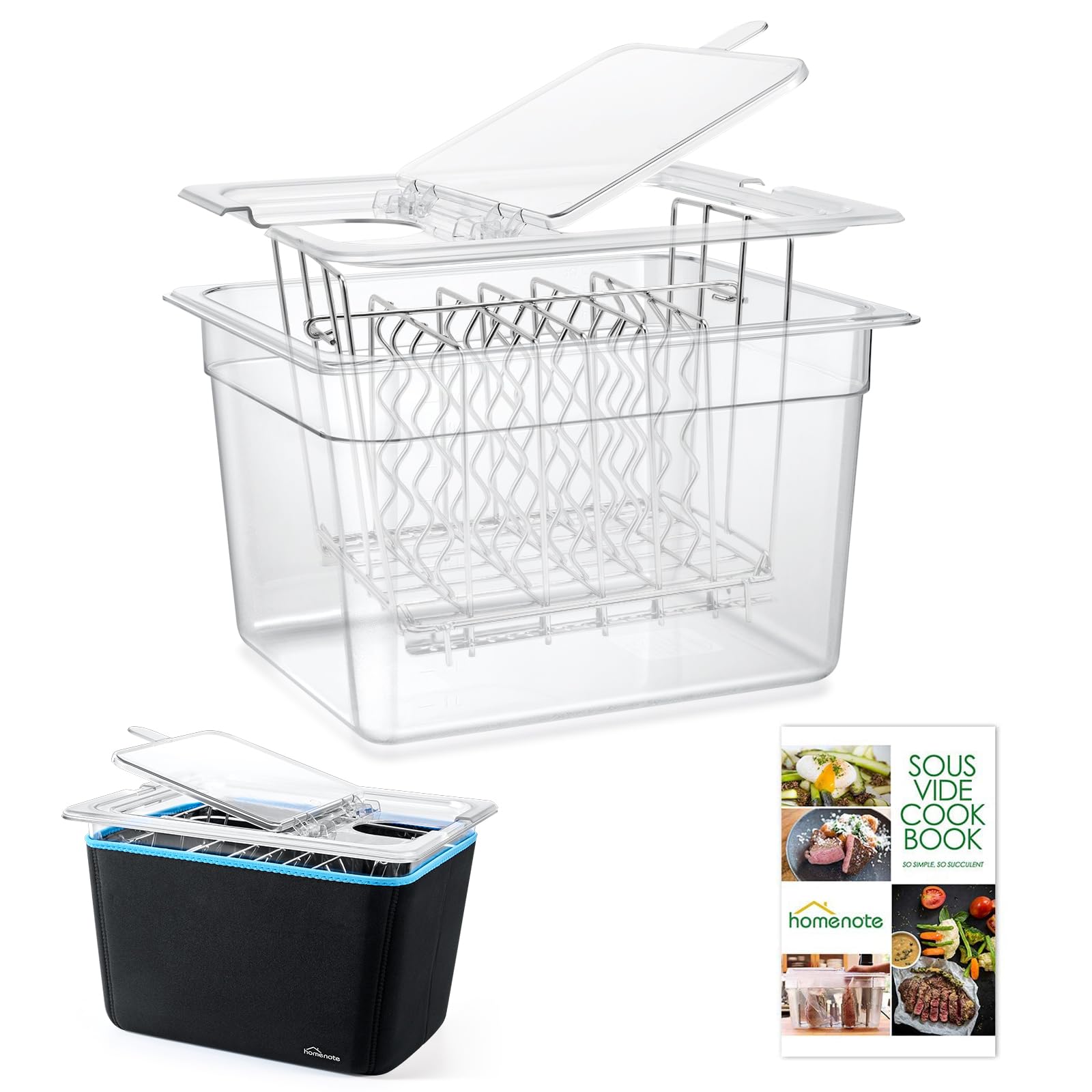 HOMENOTE Sous Vide Container 12 Quart with Universal Collapsible Hinged Lid,Complete Sous Vide Accessories Kit BPA Free,Compatible with Anova and Most Sous Vide Cookers（With Rack and Sleeve）