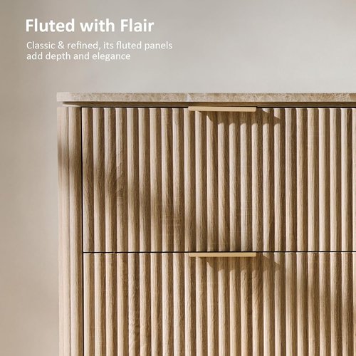 Fluted Dresser with Faux Marble Top - 6 Drawer Chest for Bedroom | Curved Design in Natural Oak