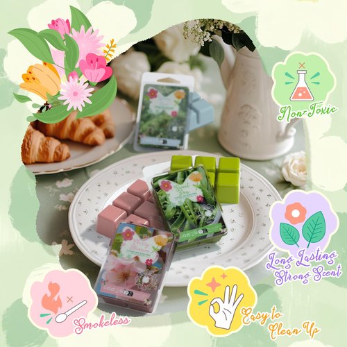 SNOWSEN Spring Scented Wax Melts, Soy Wax Cubes Gift Set, Strong Fragrance Wax Tarts for Wax Warmer, Cherry Blossom, Jasmine, Freesia, Sweet Pea, Spring Rain, Fresh Cut Grass, Bamboo, Rose Geranium