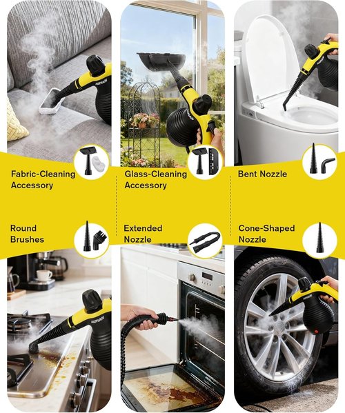 AKPIAN Handheld Steam Cleaner, 1050W Rapid-Heating Stainless Steel Boiler, Safety Locking Mechanism, Includes 10 Cleaning Tools, Deep Cleans Kitchens, Bathrooms, Cars, Windows, and More, Black