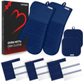 Skiennix Oven Mitts and Pot Holder Set - 500°F Heat Resistant Silicone Grip | 6 Pack Dish Towels - Marine Blue Kitchen Essentials