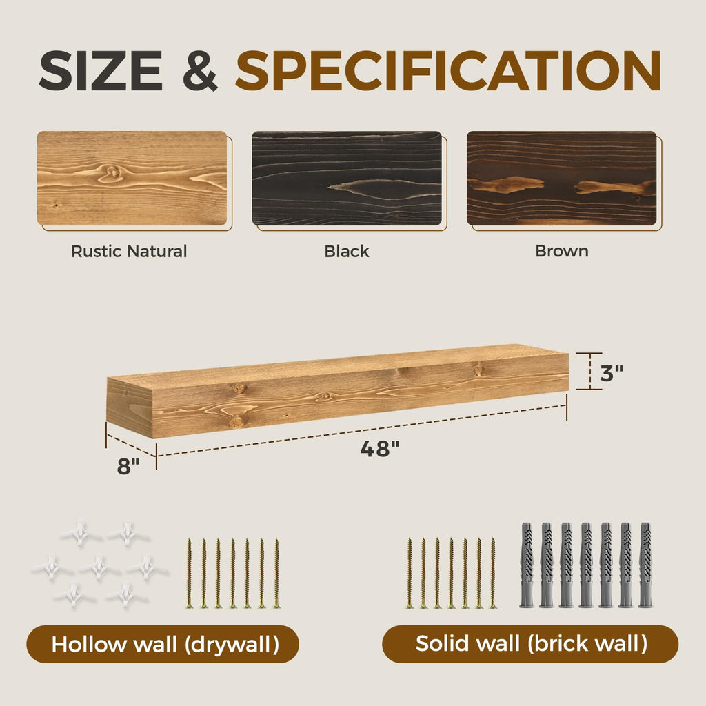 YLYHSST Fireplace Mantel Handmade, 3'' Thick Wall Decor Long Floating Shelf, 48inch Rustic Wood Shelf with Invisible Brackets, Wood Color