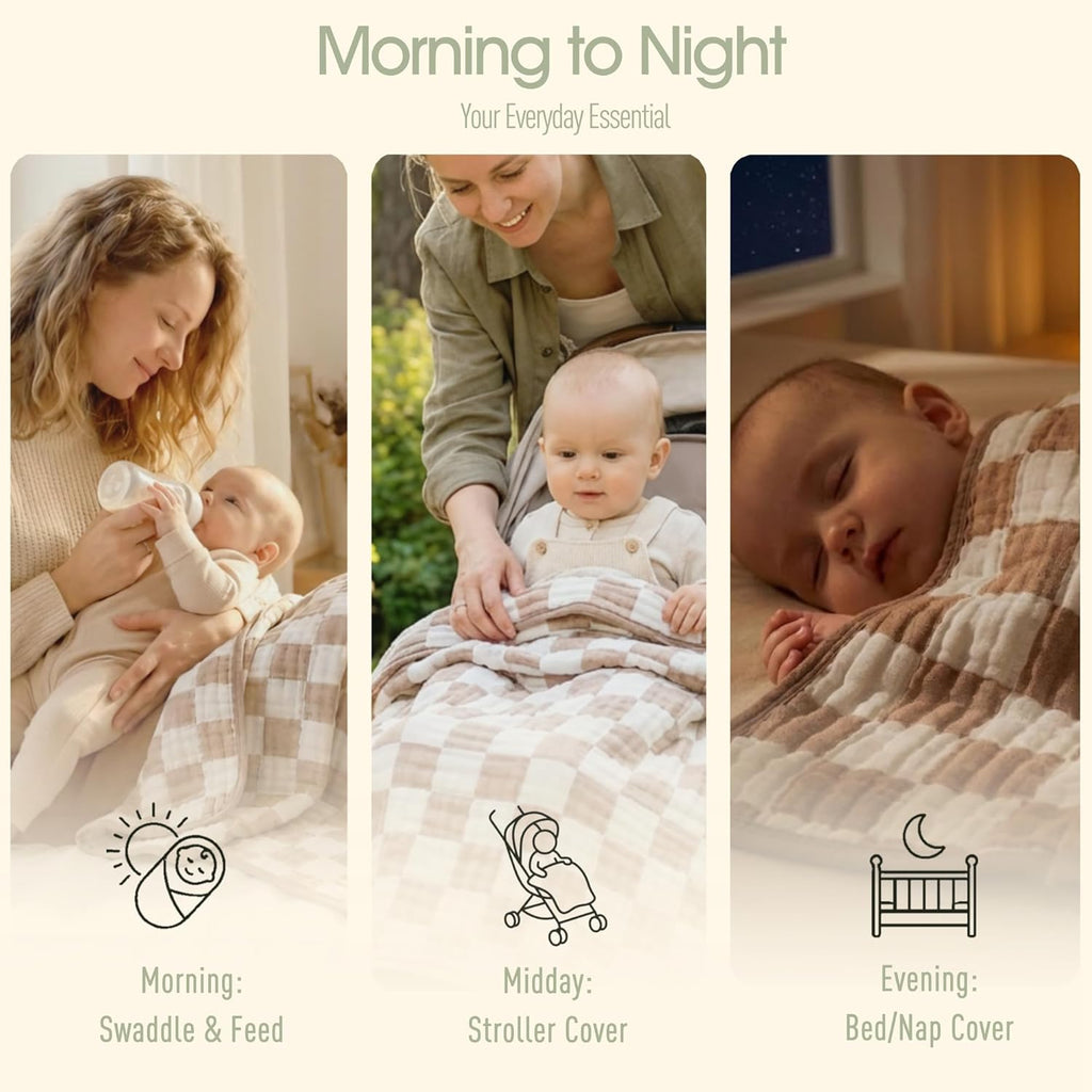 Skiennix Ultra Soft Muslin Baby Blanket - Versatile Swaddle & Bed Blanket for All Ages | Coffee Checkered Design