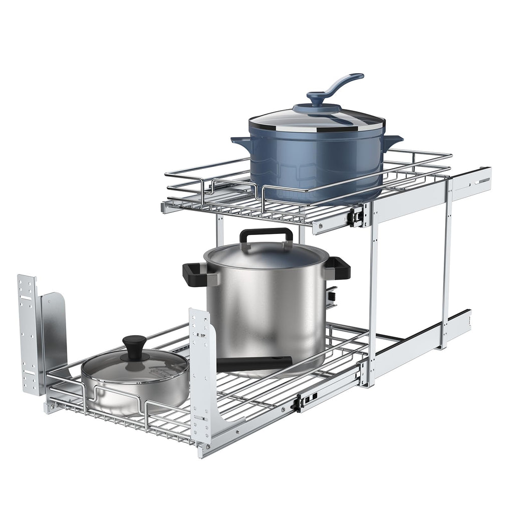 2 Tier Pull Out Cabinet Organizer, 17" W x 21" D Heavy-Duty Metal Sliding Drawer Shelf for Kitchen Cabinets, Chrome, Doesn't Include Door Fittings