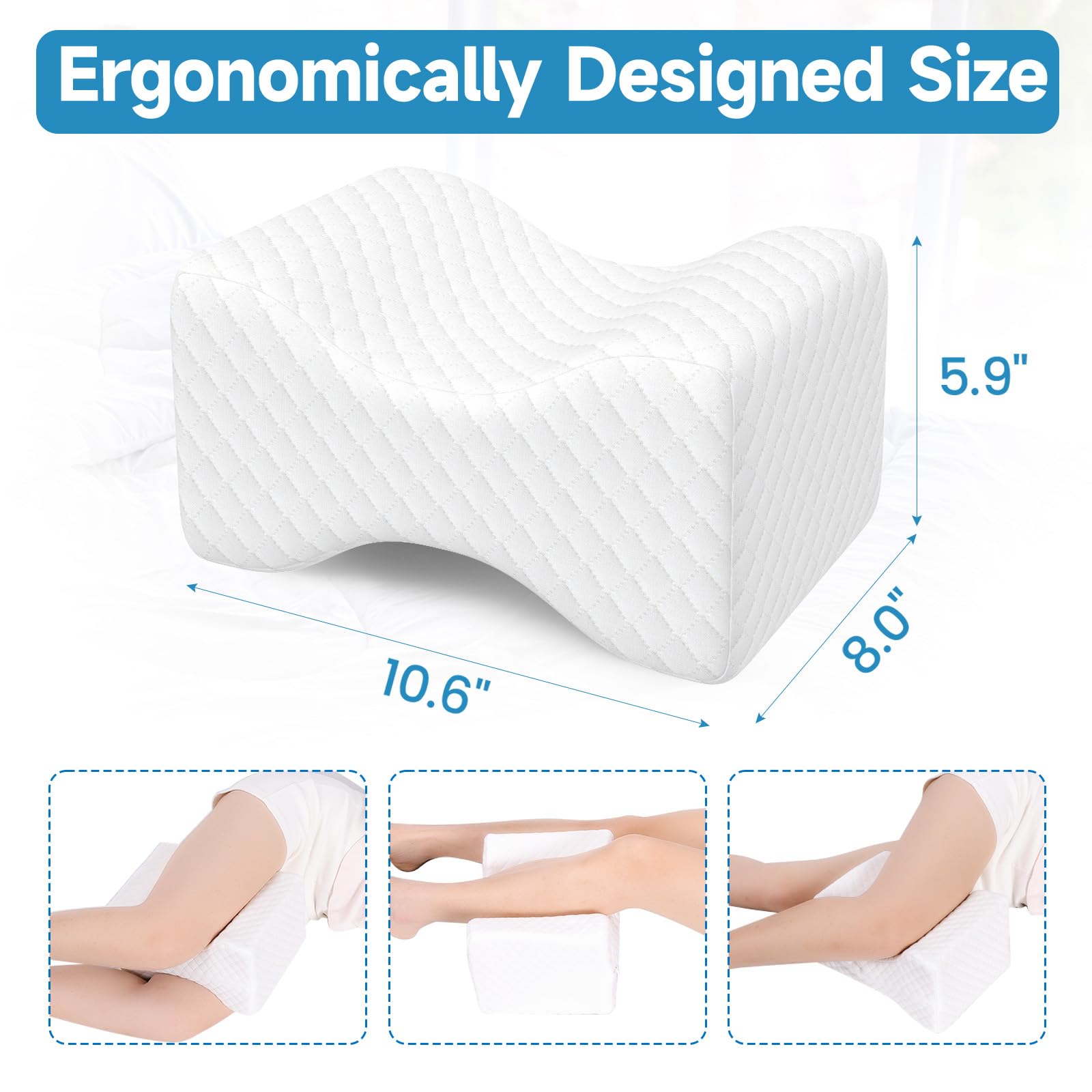 SweetSlubr Memory Foam Knee Pillow for Side Sleepers, Support Leg Pillow for Side Sleeping, Smooth Spine Alignment Pillow, Cushion for Hip, Back, Sciatica, Knee, Joints Pain Relief, White