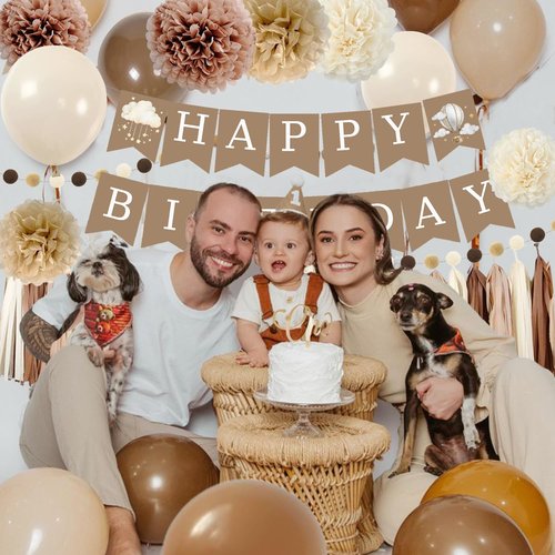 Birthday Decorations for Girls Boys, Brown Happy Birthday Banner with Felt Ball Garland Paper Pompoms Tassel Garland, Beige Cream Neutral Boho Birthday Party Balloons for Women Men Baby Shower