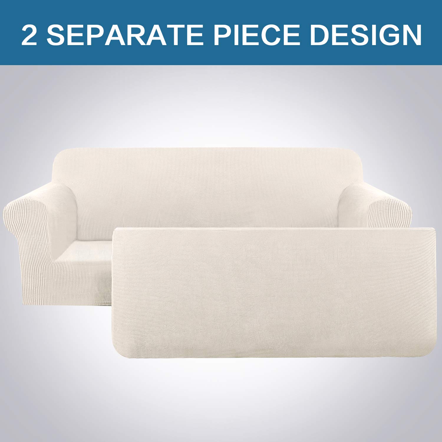 H.VERSAILTEX 2 Separate Pieces Stretch Couch Covers Sofa Cover Suit for T Cushion/Box Cushion High Spandex Jacquard Soft Couch Covers for 3 Cushion Couch, Sofa 72"-88" (Sofa, Ivory)