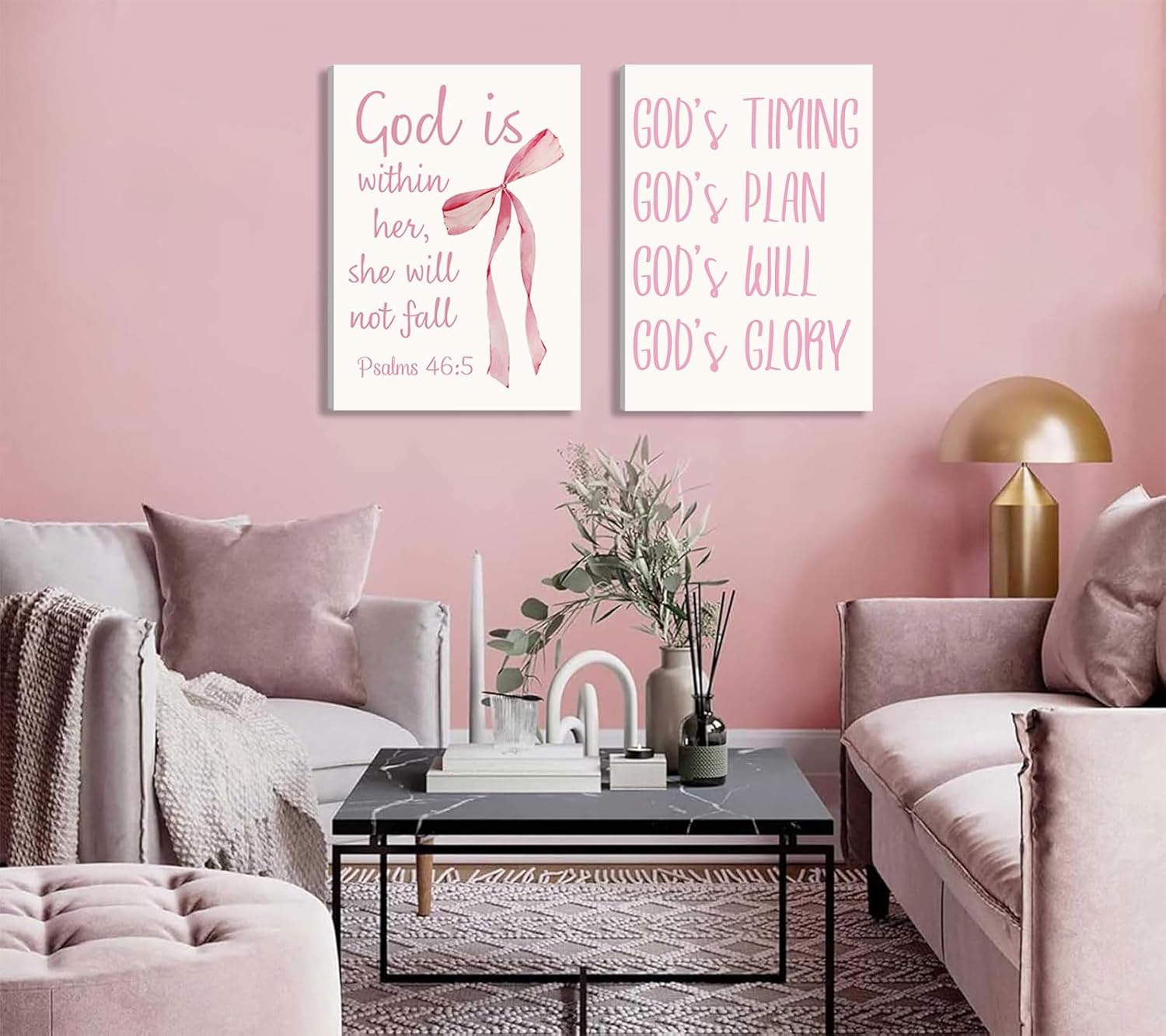 Coquette Pink Bow Canvas Wall Art - Inspirational Bible Verses for Girls' Room Decor | 12"x16" Framed Print