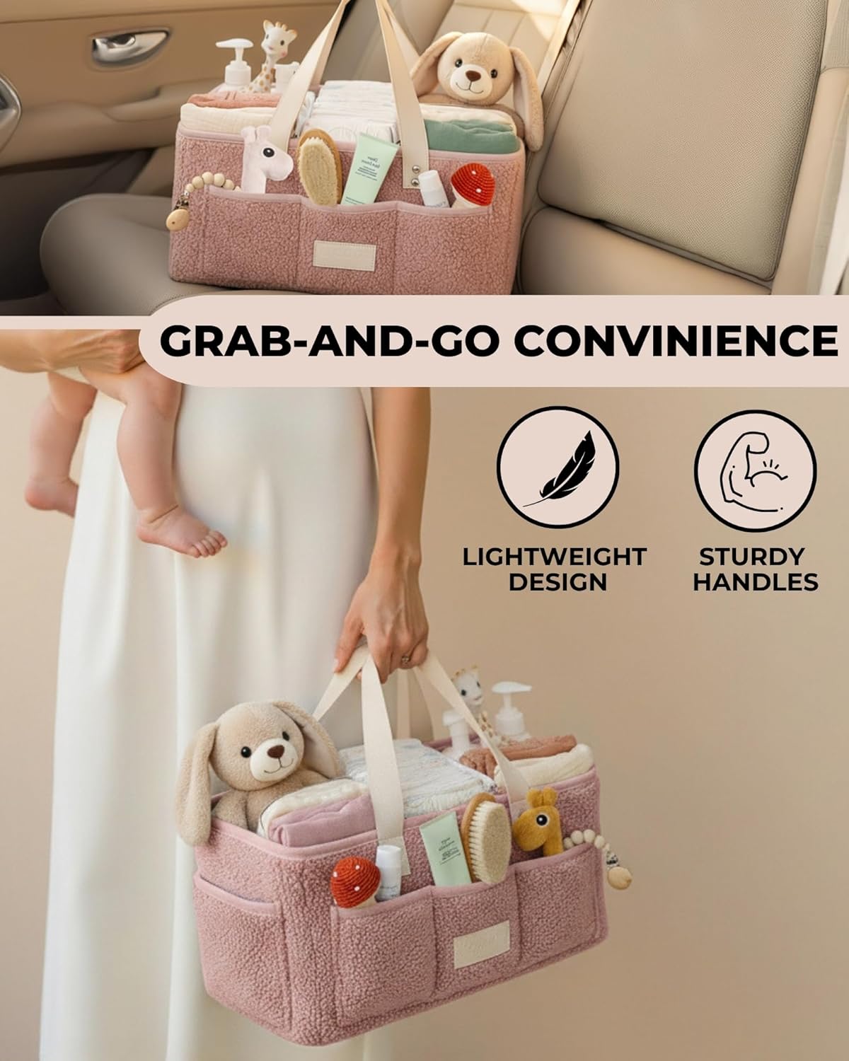 Skiennix Baby Diaper Caddy Organizer - Portable Changing Mat & Removable Dividers - Teddy Fleece Design