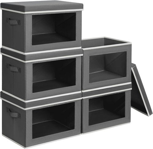 Homsorout Stackable Storage Bins - Large Fabric Closet Organizers with Lids, 5-Pack, Dark Grey