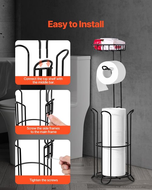 VEVOR Free Standing Toilet Paper Holder with Shelf, 3-in-1 Premium Metal Material, Store Up to 4 Mega Rolls, Elevated Base Design, Tissue Roll Storage Rack for Bathroom, Washroom, Matte Black