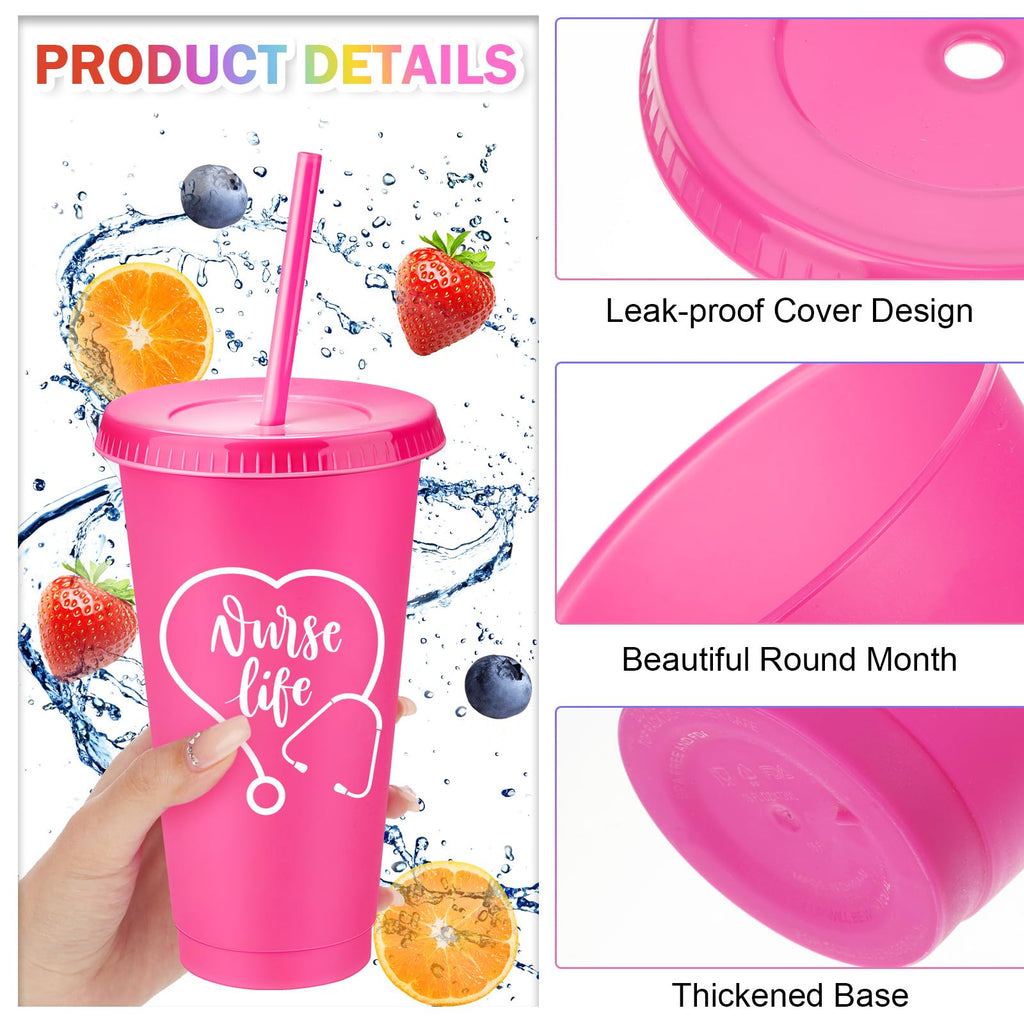 Bokon 50 Pcs Nurse Appreciation Tumbler with Straw and Lid, Bulk Nurse Week Gifts, 24 oz Reusable Plastic Cup, Multicolor Iced Water Bottle, for Appreciation & Graduation(Warm Style)